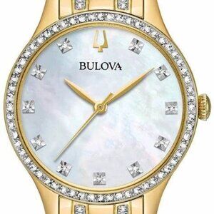 Bulova Women's Quartz Crystal Accent Silver Gold Bracelet Watch 32mm 98X119